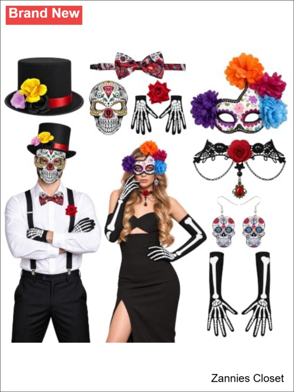 👻 Unbranded 9 Pc Day of the Dead Couple Costume Set Sugar Skull Accessories